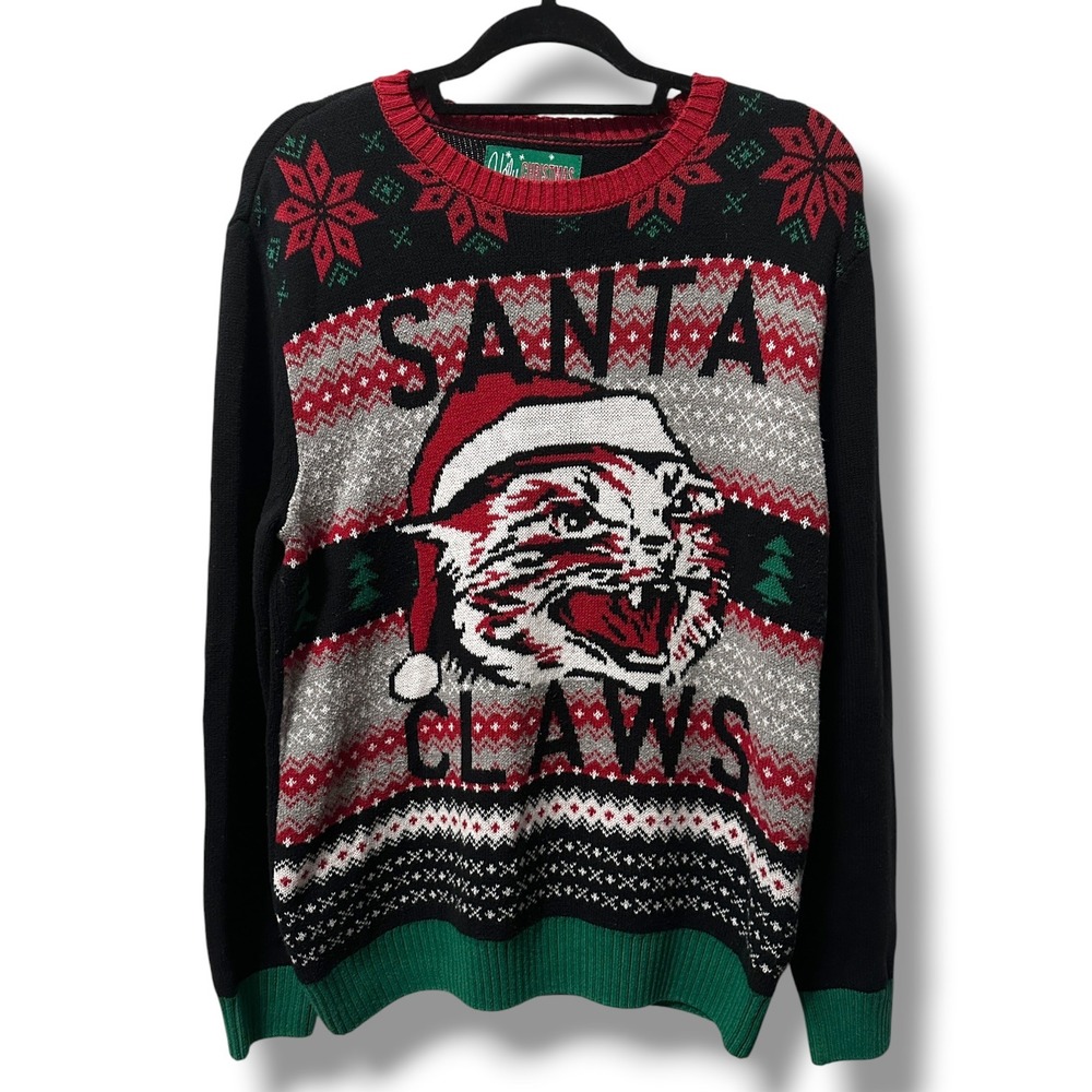 Ugly Christmas Sweater Santa Claws Angry Kitty Knit Sweater Fair Isle Men's M